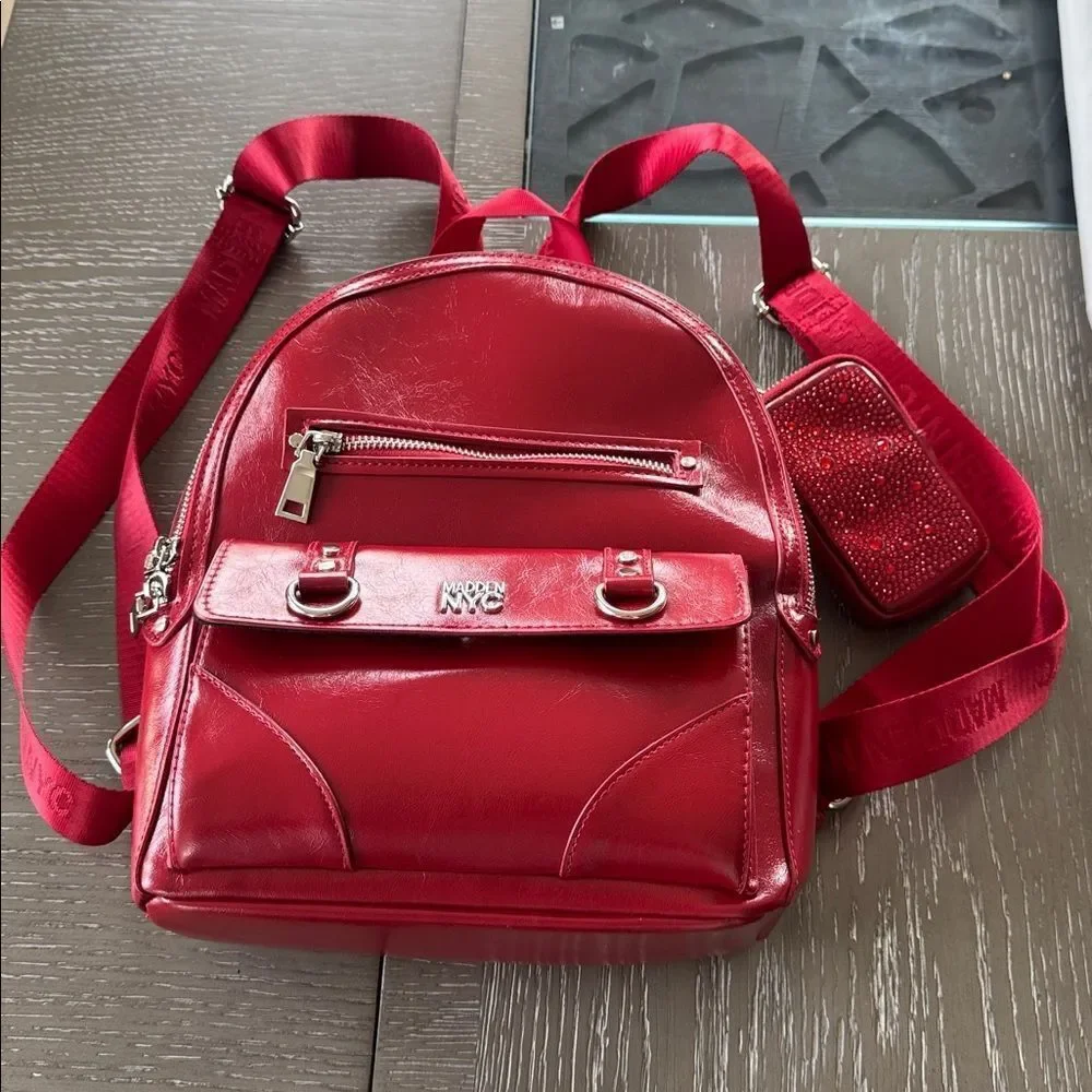 Madden NYC Red Patent Faux Leather Backpack Travel Everyday Wear Bag Casual EUC